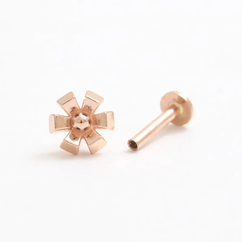 14K Solid Gold Pixel Flower Cartilage Helix Tragus Conch Internally Threaded Flat Back Earring Labret