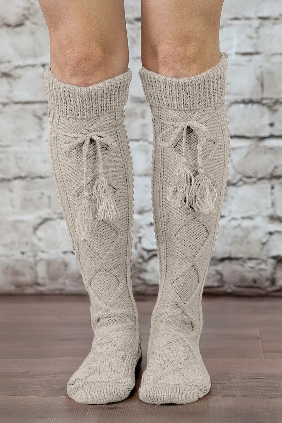 Alpine Boot Socks Tan Beige Thigh High Tie Top Tassels Thick Boho Oat Oatmeal Diamond Cable Knit Slouch Or Fold Down Cuffs Over The Knee