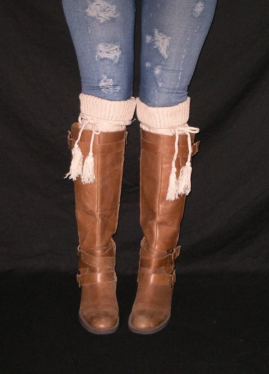 Alpine Boot Socks Tan Beige Thigh High Tie Top Tassels Thick Boho Oat Oatmeal Diamond Cable Knit Slouch Or Fold Down Cuffs Over The Knee