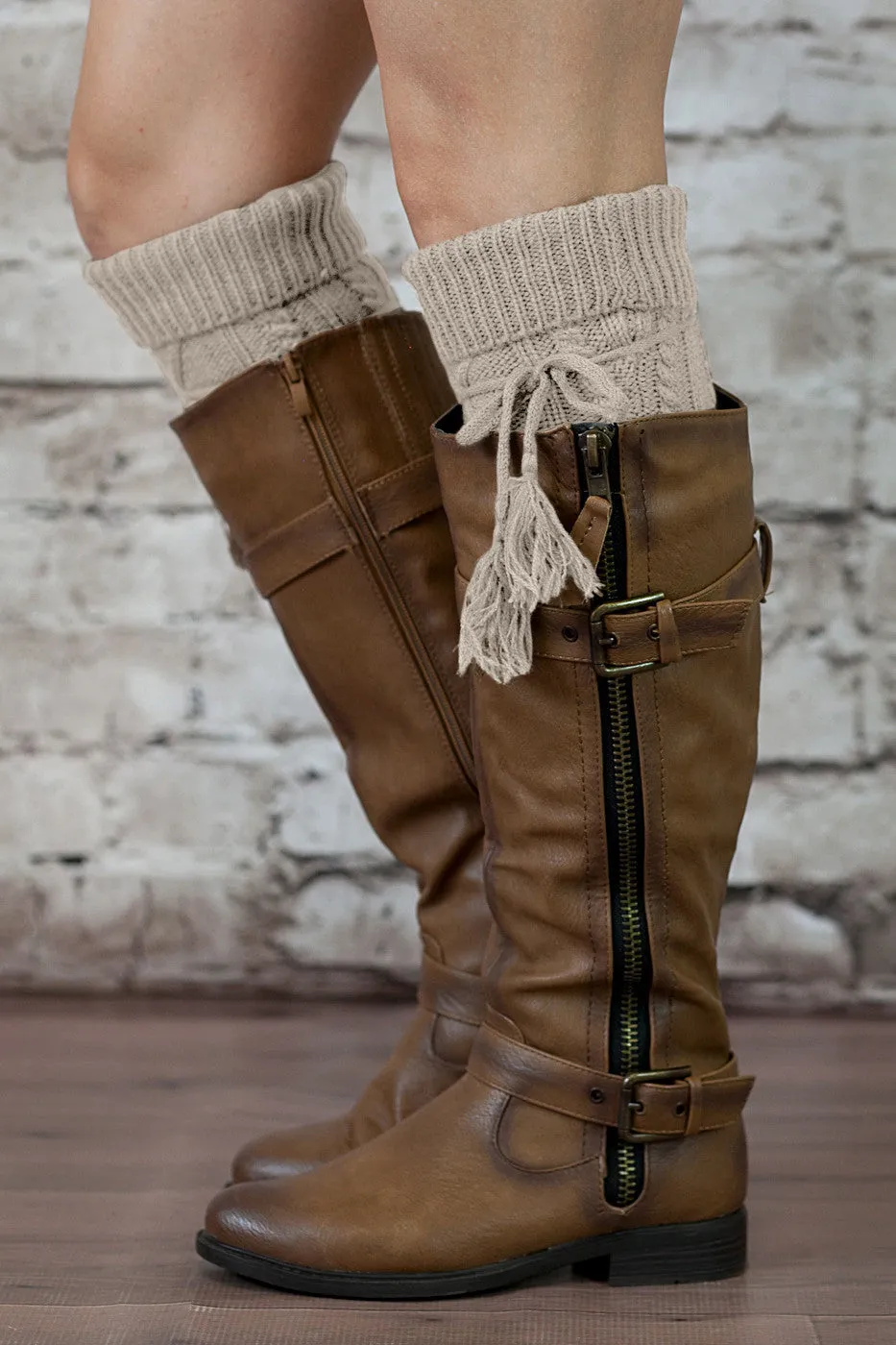 Alpine Boot Socks Tan Beige Thigh High Tie Top Tassels Thick Boho Oat Oatmeal Diamond Cable Knit Slouch Or Fold Down Cuffs Over The Knee