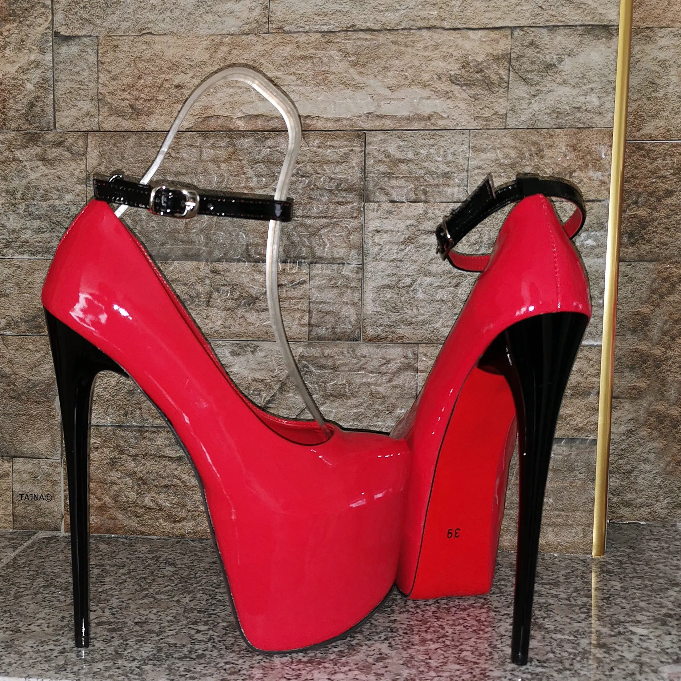 Ankle Strap Red Black Gloss High Heels