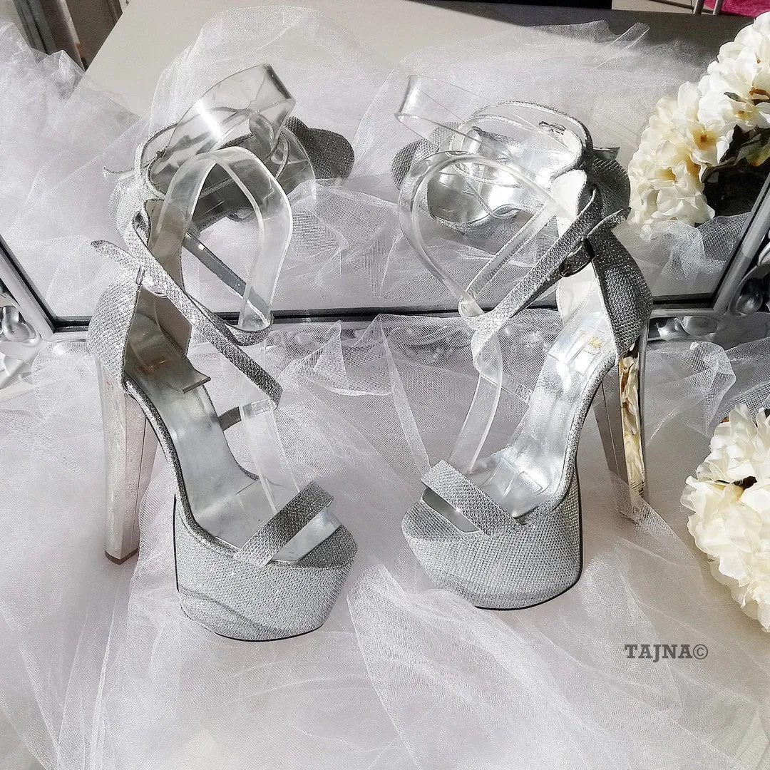 Ankle Strap Silver Shimmer 19 cm High Heel Platform Shoes