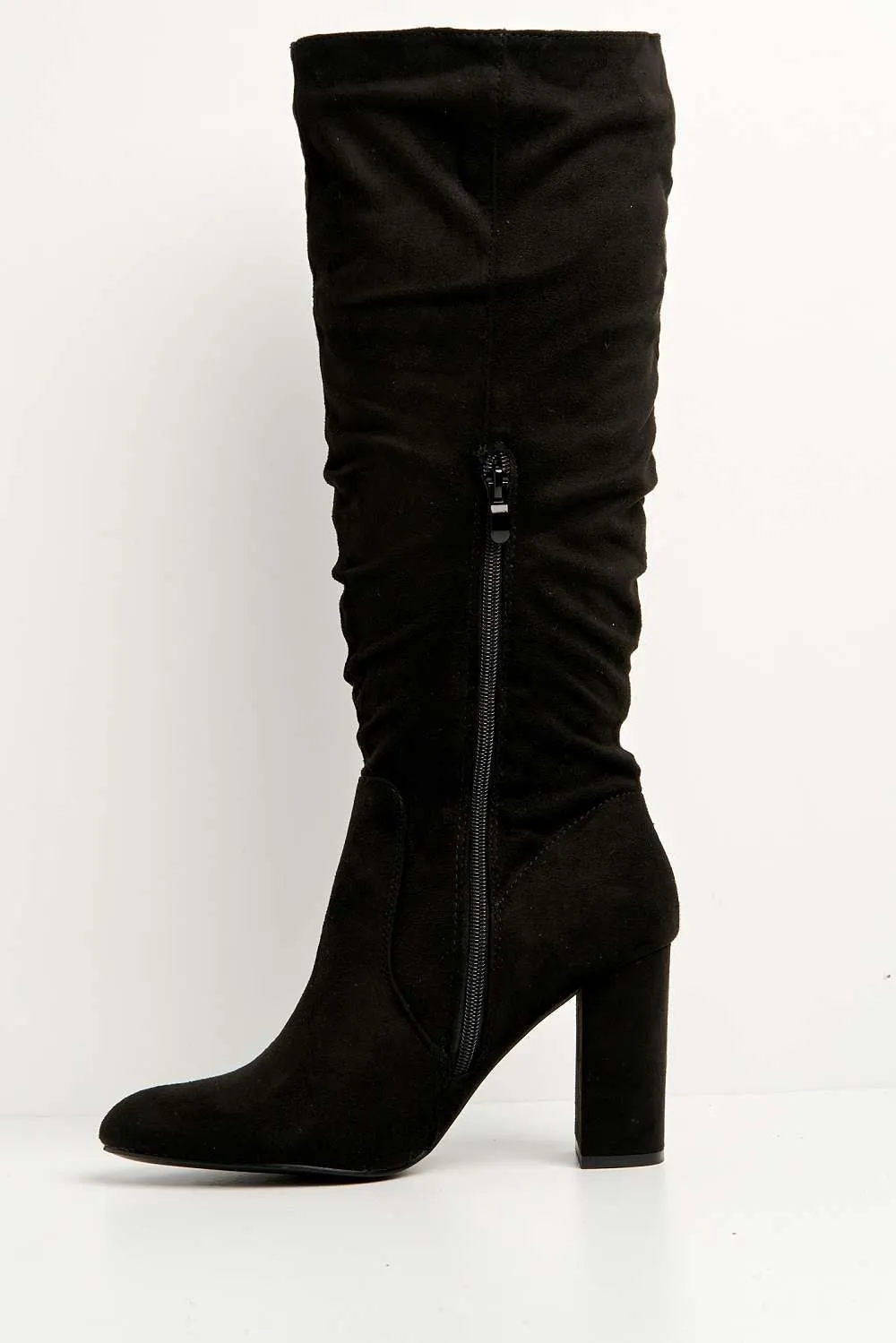 Aphi Knee High Block Heel Boots in Black Suede