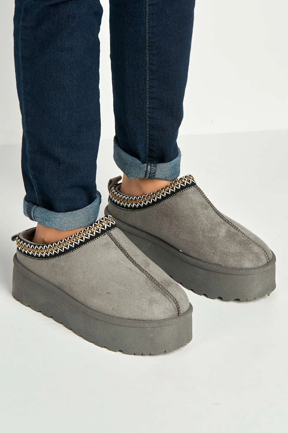 Astri Faux Fur Lining Knit Pattern Detail Flatform Slippers in Grey