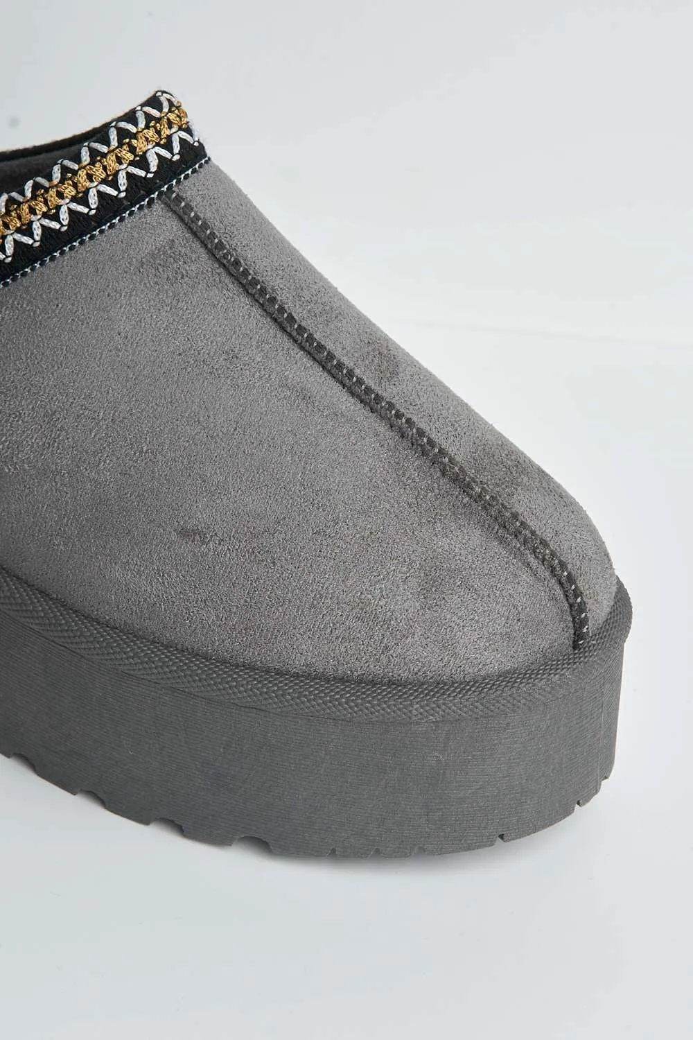 Astri Faux Fur Lining Knit Pattern Detail Flatform Slippers in Grey