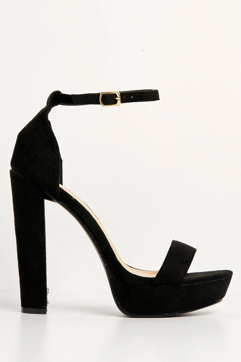 Azaria Ankle Strap Block Heel Platform Heeled Sandals in Black Suede