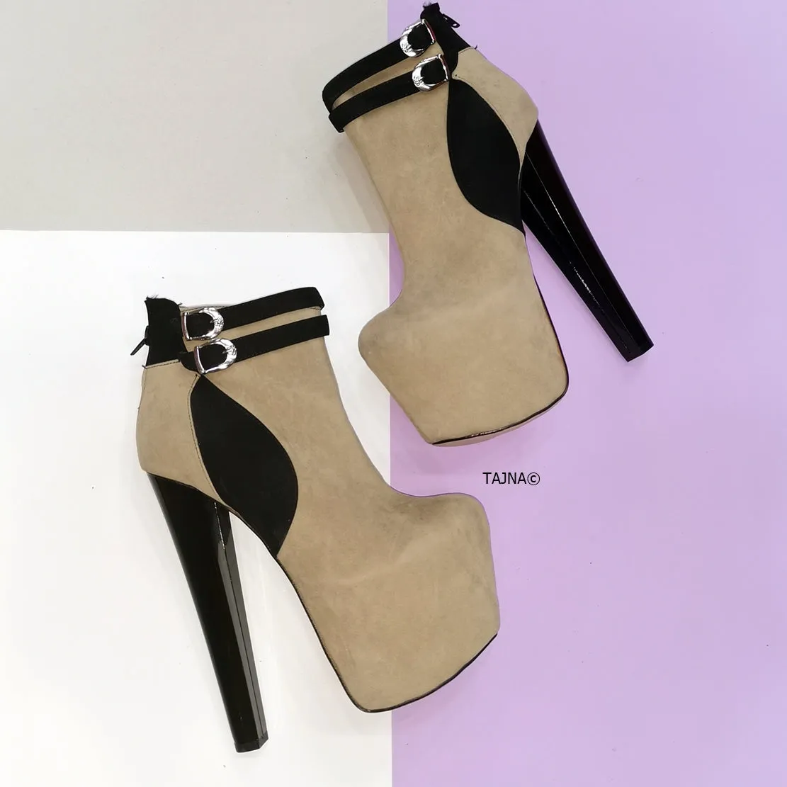 Beige Black Suede Double Belted Booties