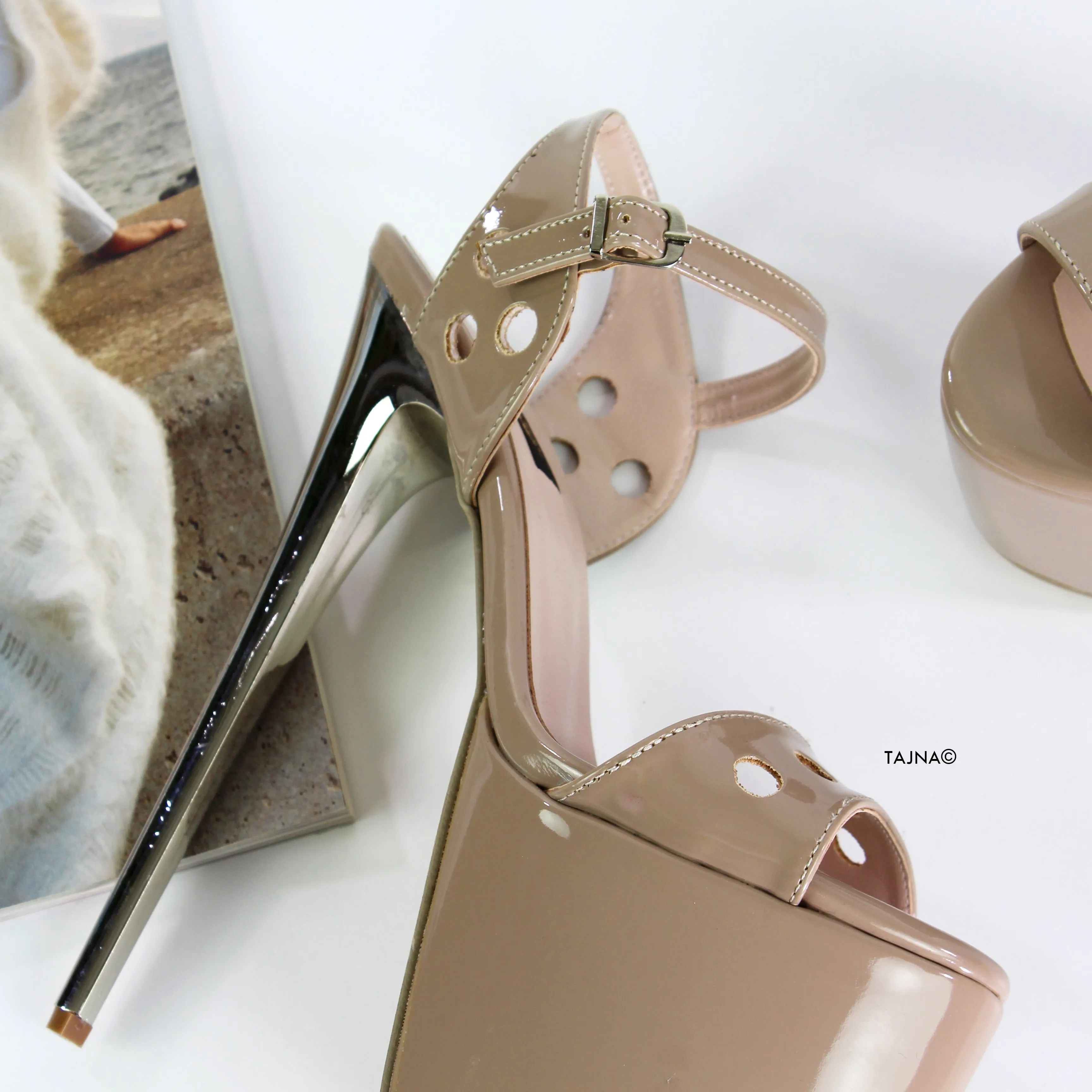 Beige Gloss Laser Cut Ankle Strap Sandals