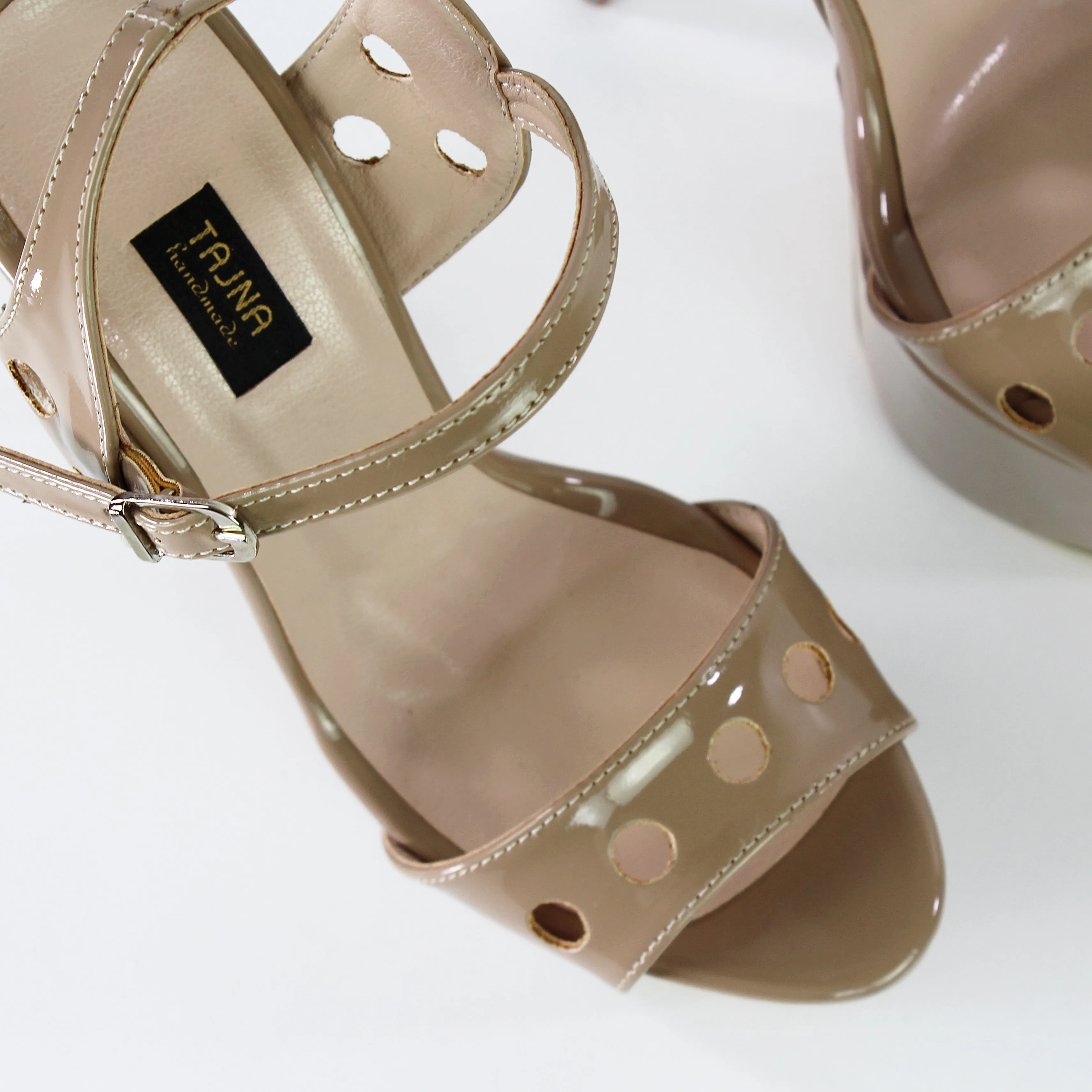 Beige Gloss Laser Cut Ankle Strap Sandals