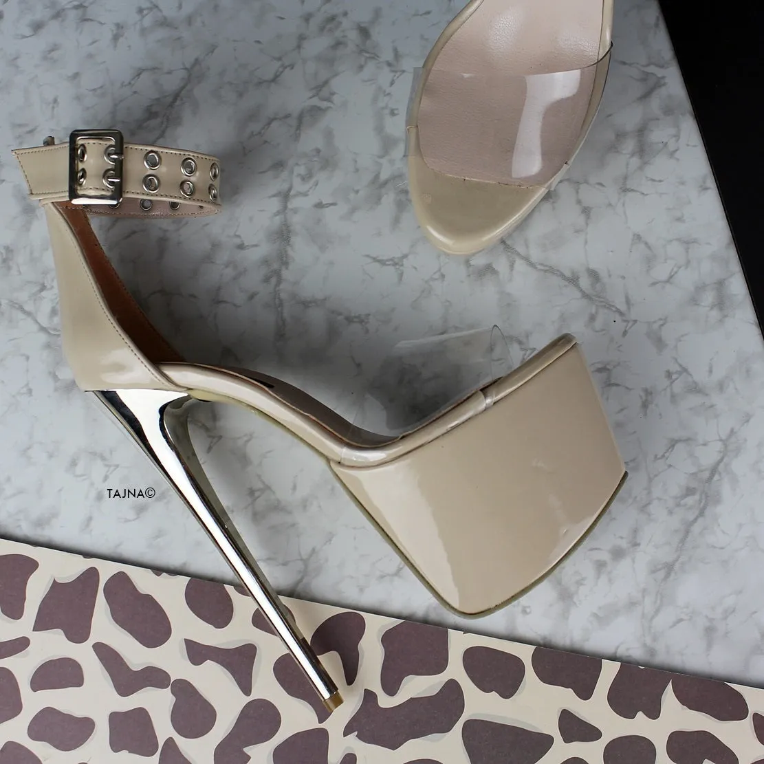 Beige Nude Gloss Transparent Strap Heels