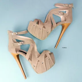 Beige Suede Ankle Cage Heels