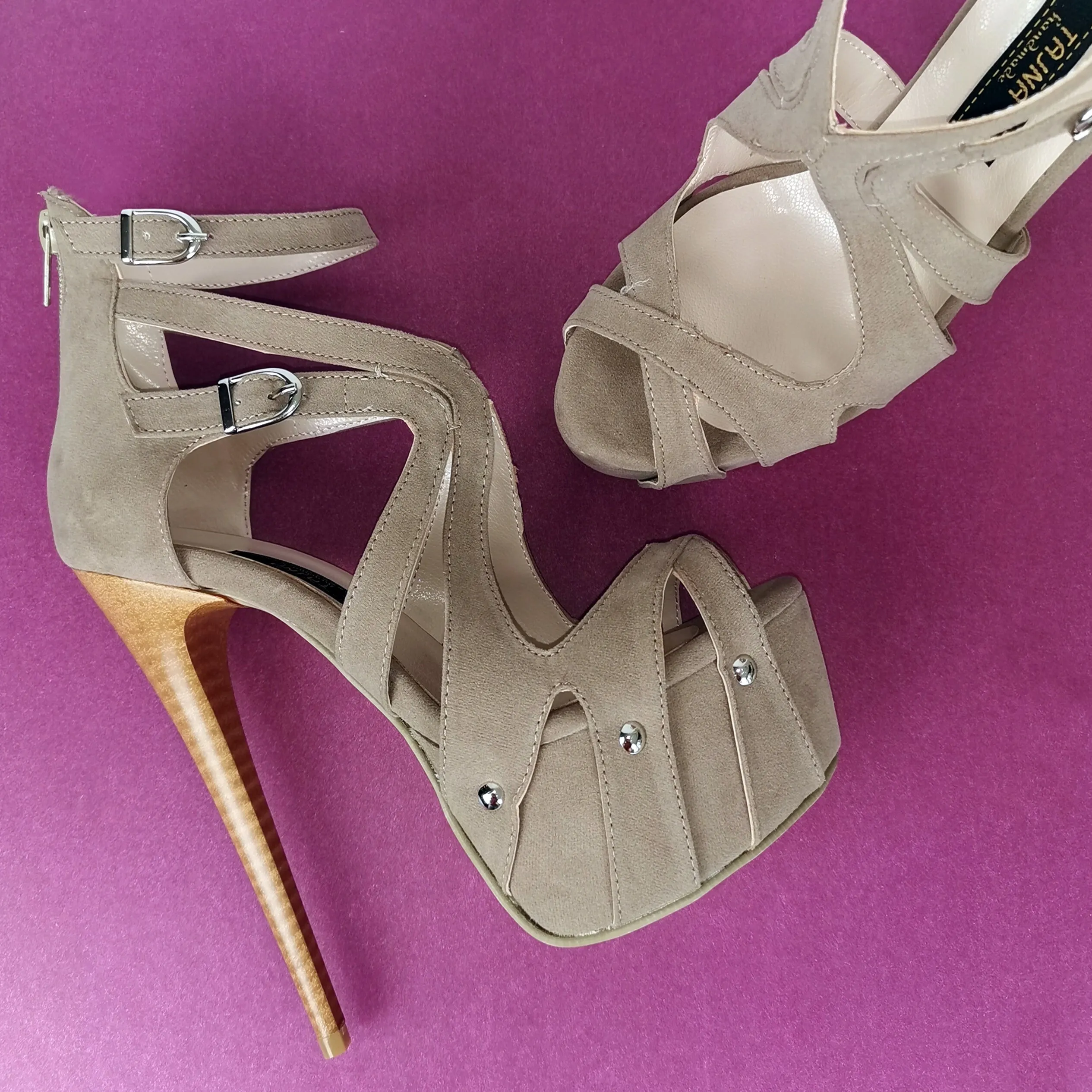 Beige Suede Ankle Cage Heels