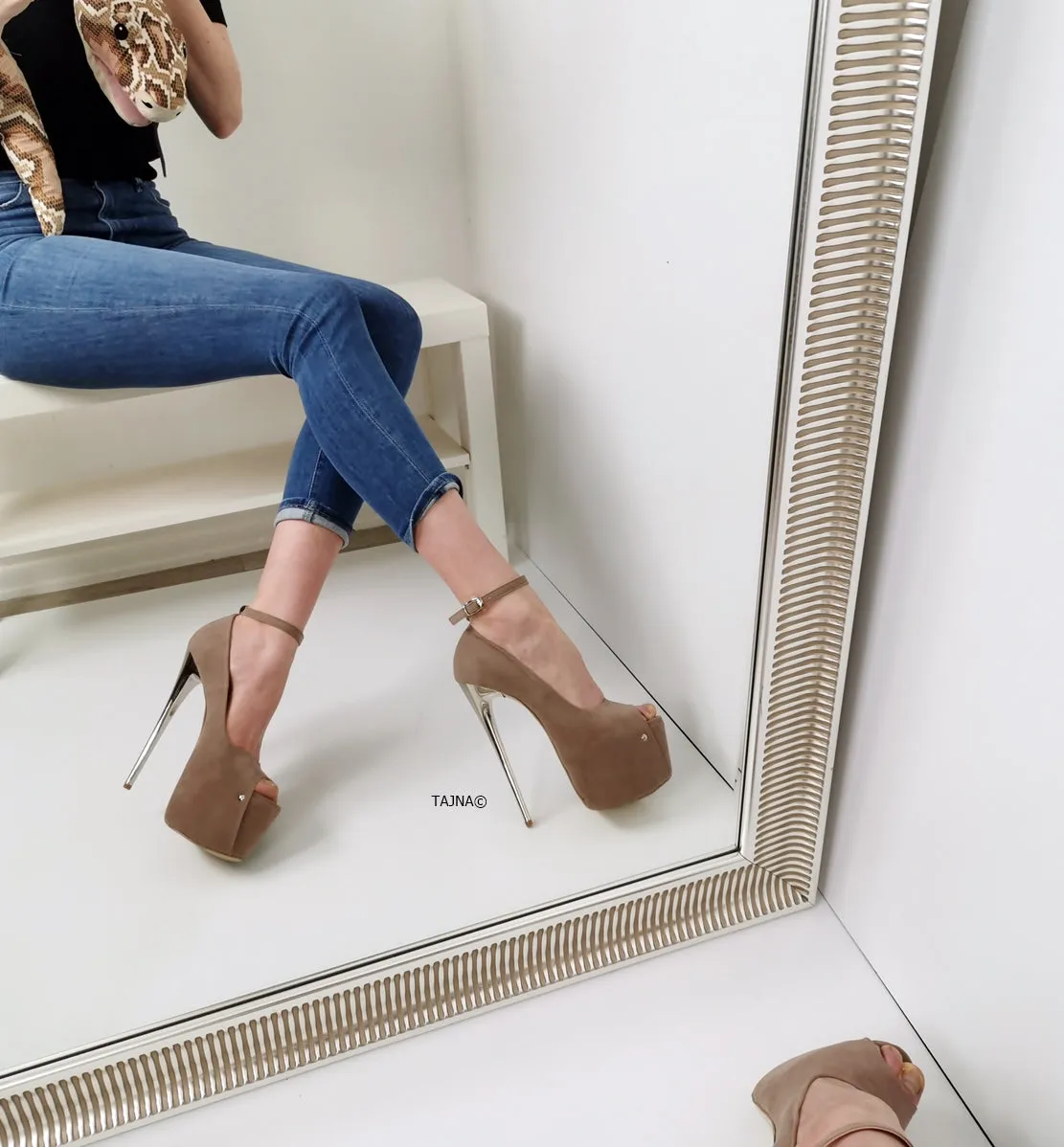 Beige Suede Ankle Strap Metallic Heels