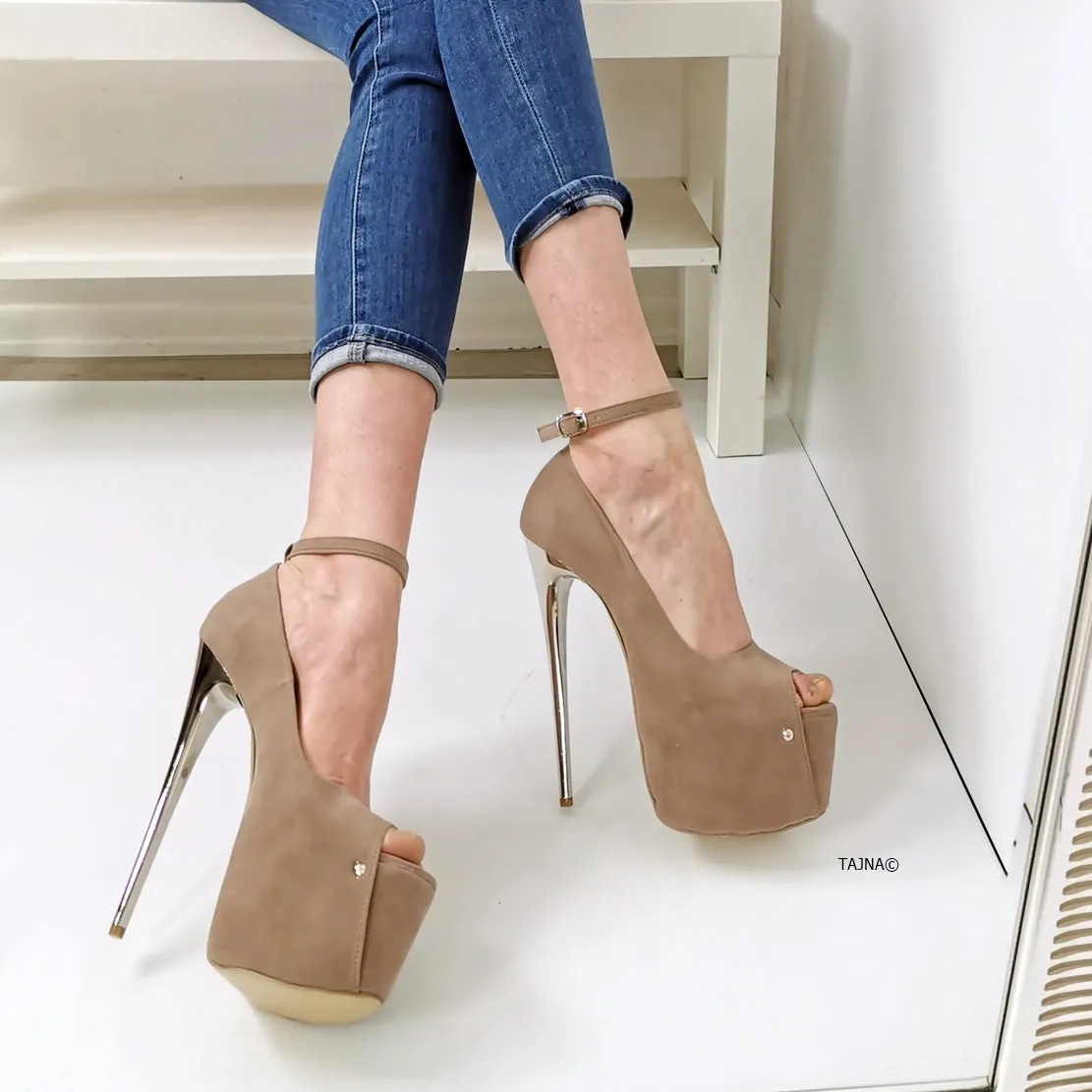 Beige Suede Ankle Strap Metallic Heels