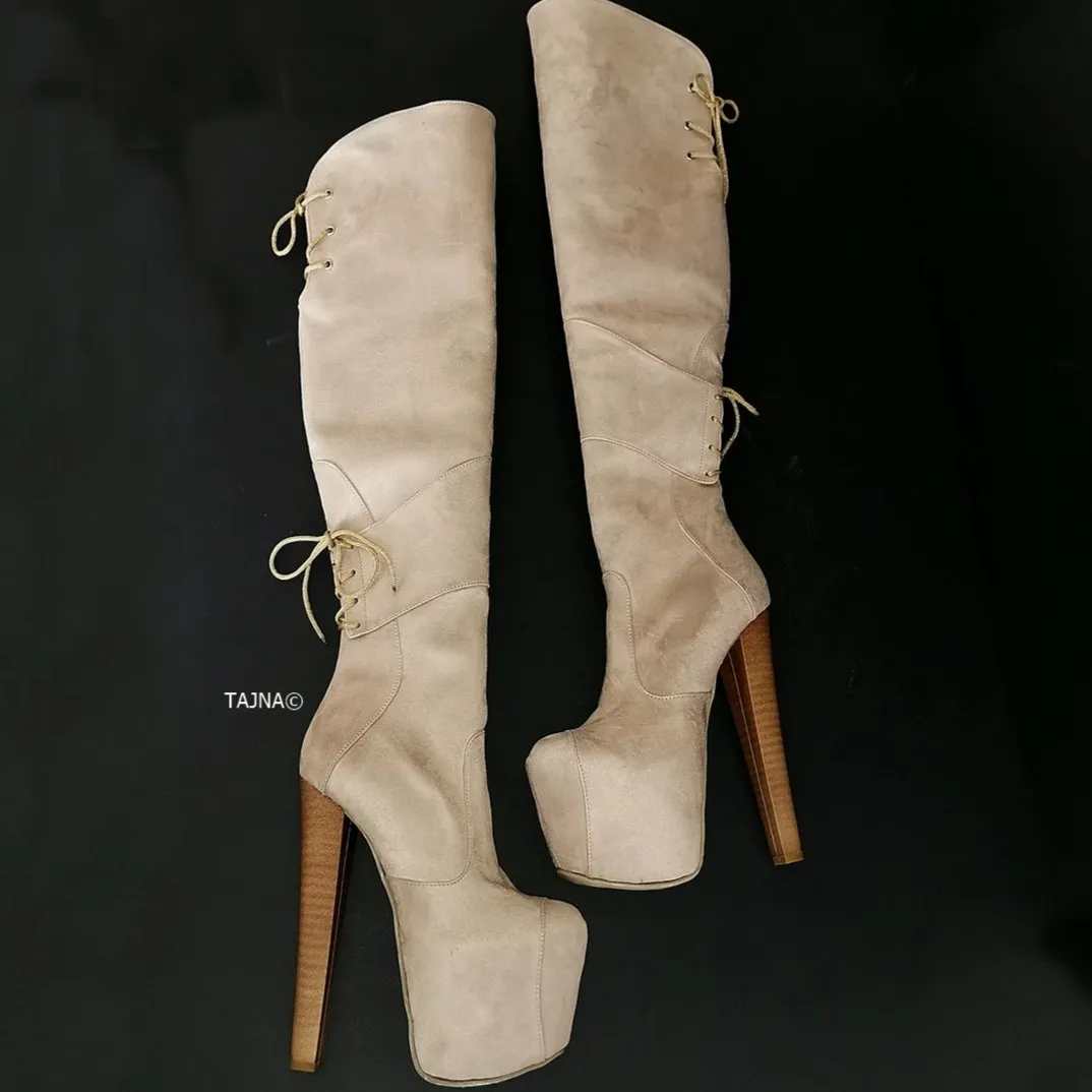 Beige Suede High Heel Over the Knee Boots