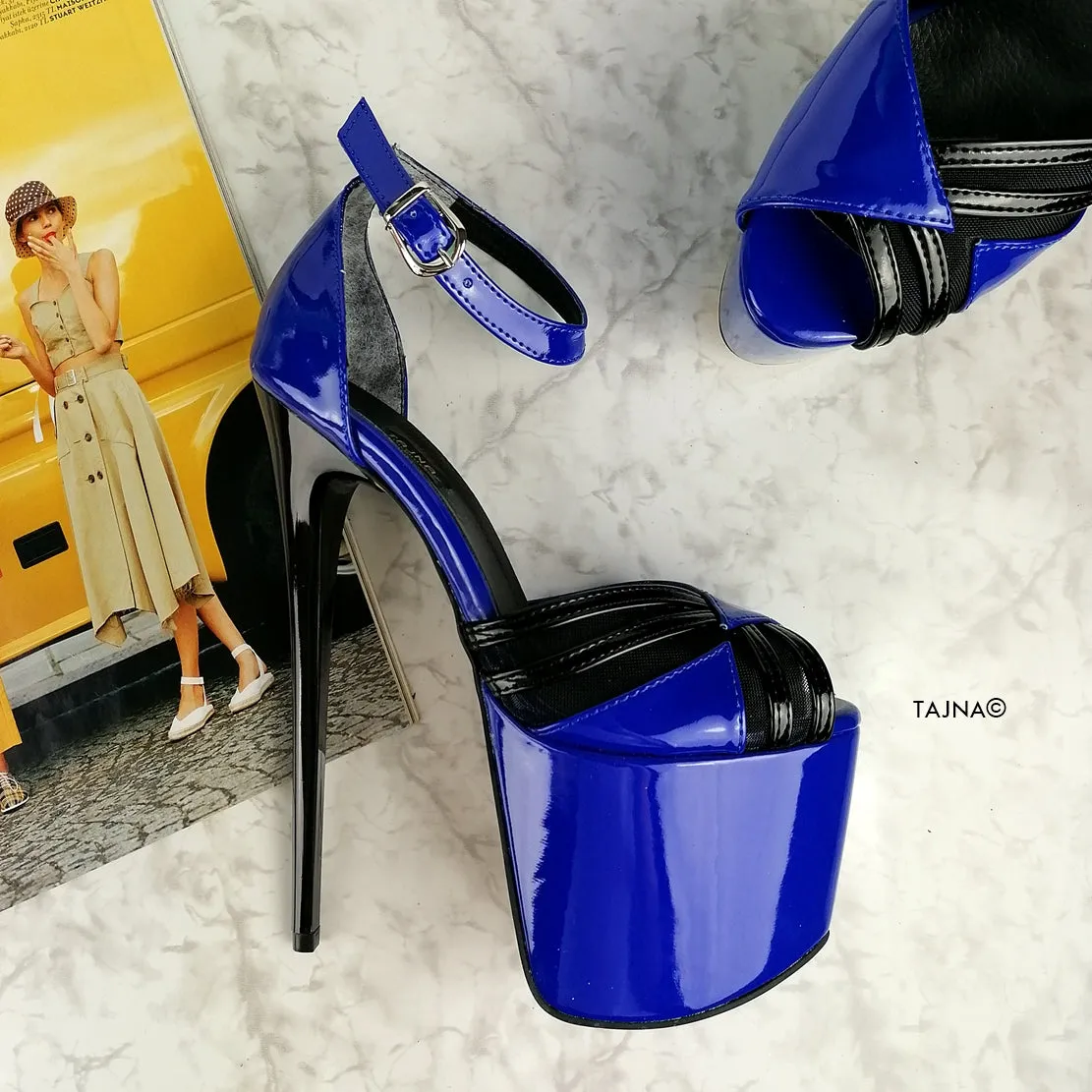 Black Blue Gloss Designer Strap High Heels