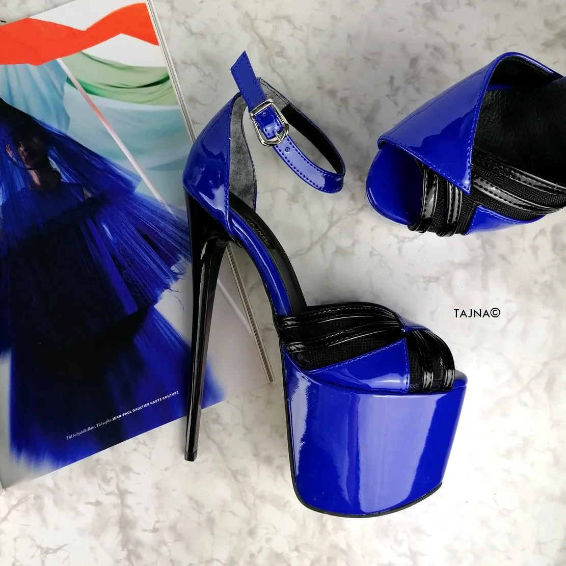 Black Blue Gloss Designer Strap High Heels