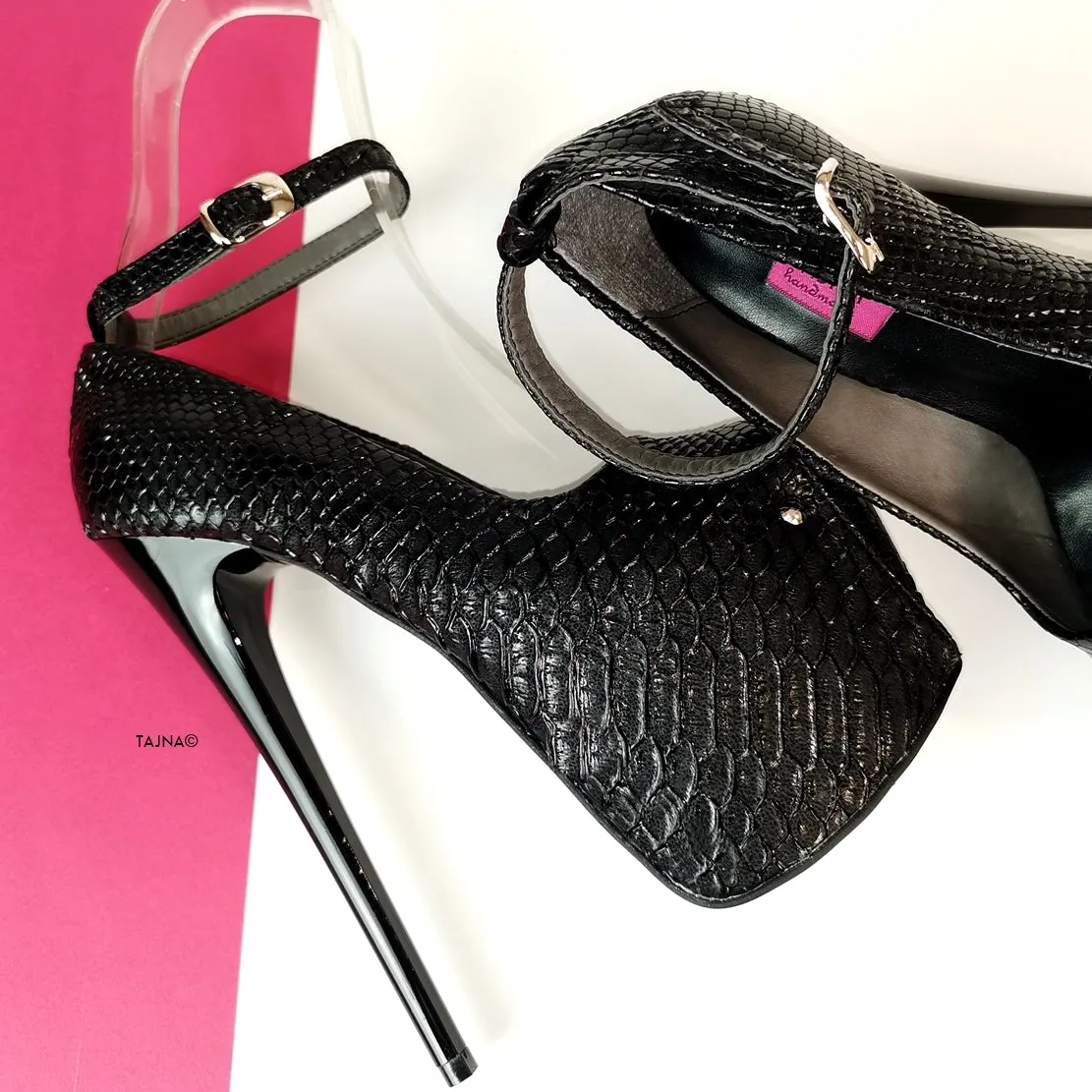 Black Croco Ankle Strap Peep Toe Heels