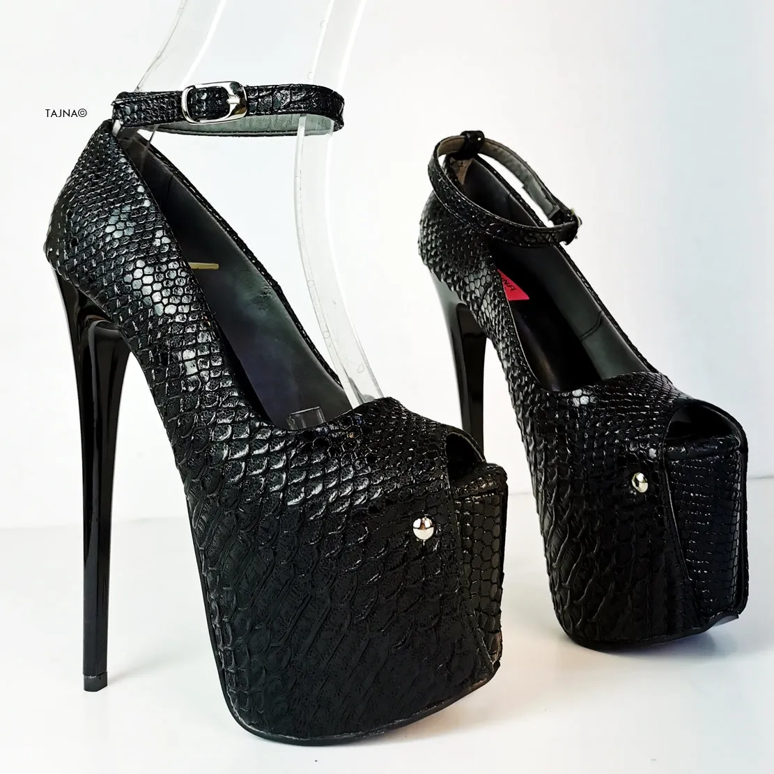 Black Croco Ankle Strap Peep Toe Heels