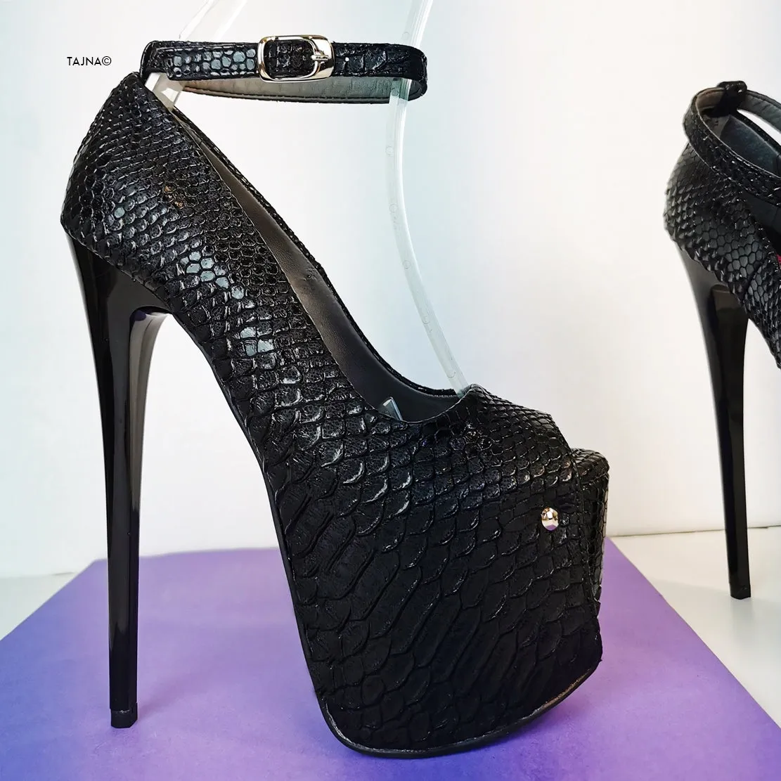 Black Croco Ankle Strap Peep Toe Heels