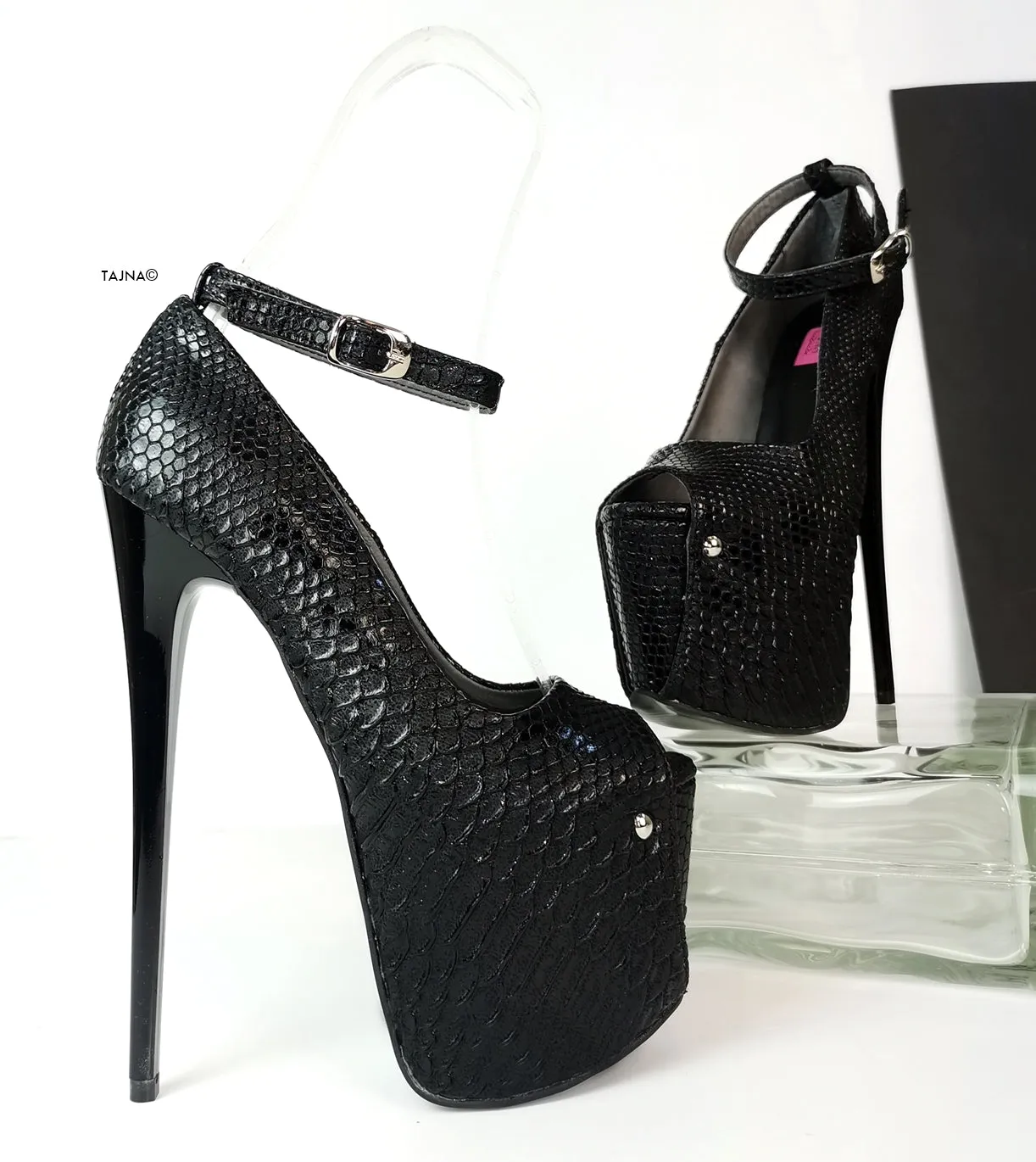 Black Croco Ankle Strap Peep Toe Heels