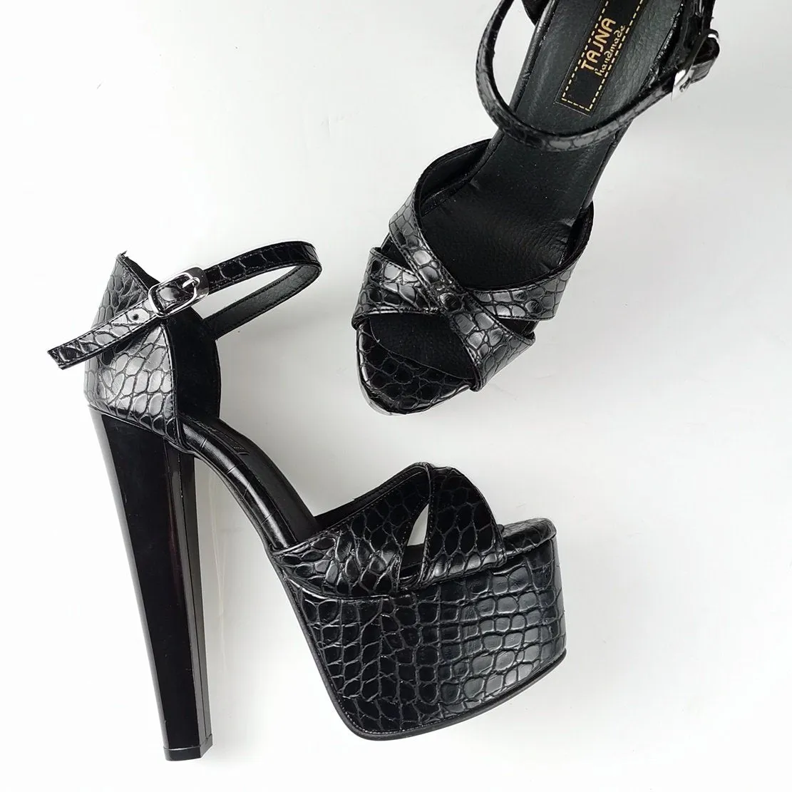 Black Croco Cross Strap High Heel Shoes