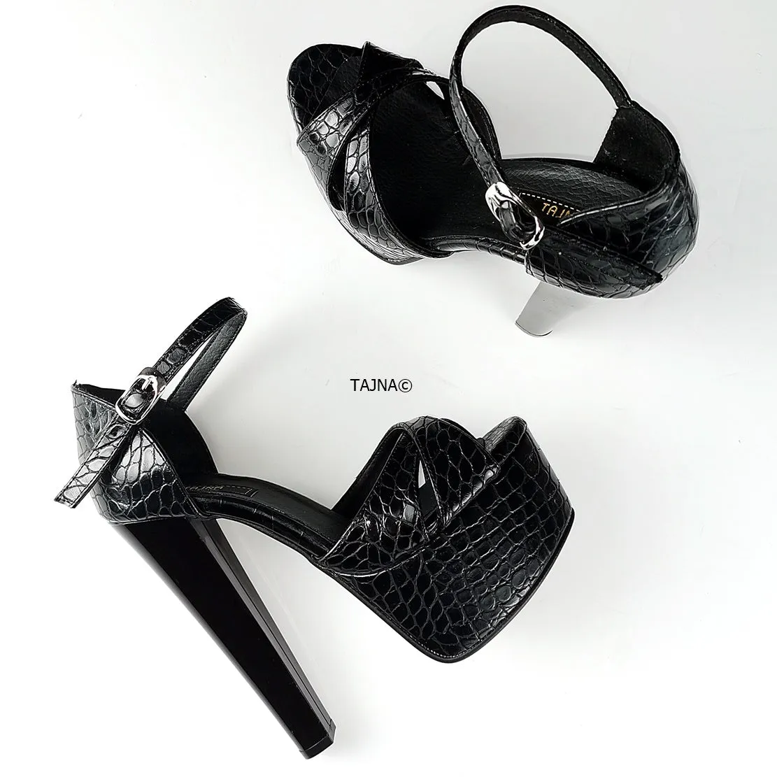 Black Croco Cross Strap High Heel Shoes