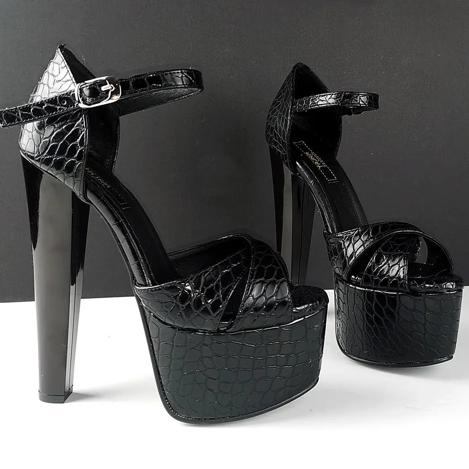 Black Croco Cross Strap High Heel Shoes