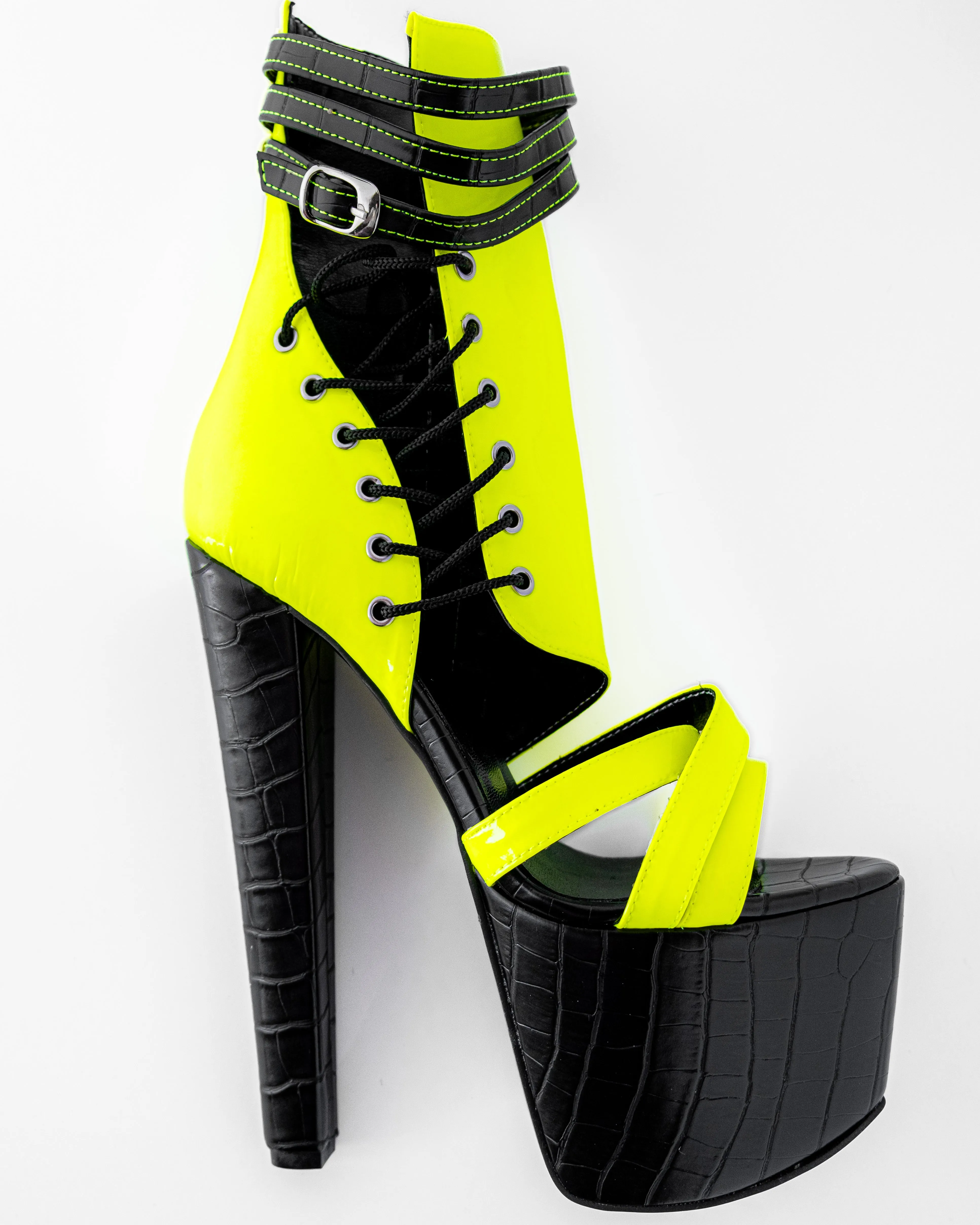 Black Croco Yellow Neon Side Lace High Heels