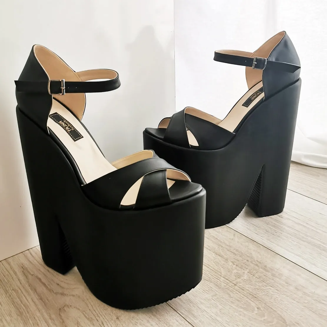 Black  Extreme Heel Cross Strap Wedge Shoes