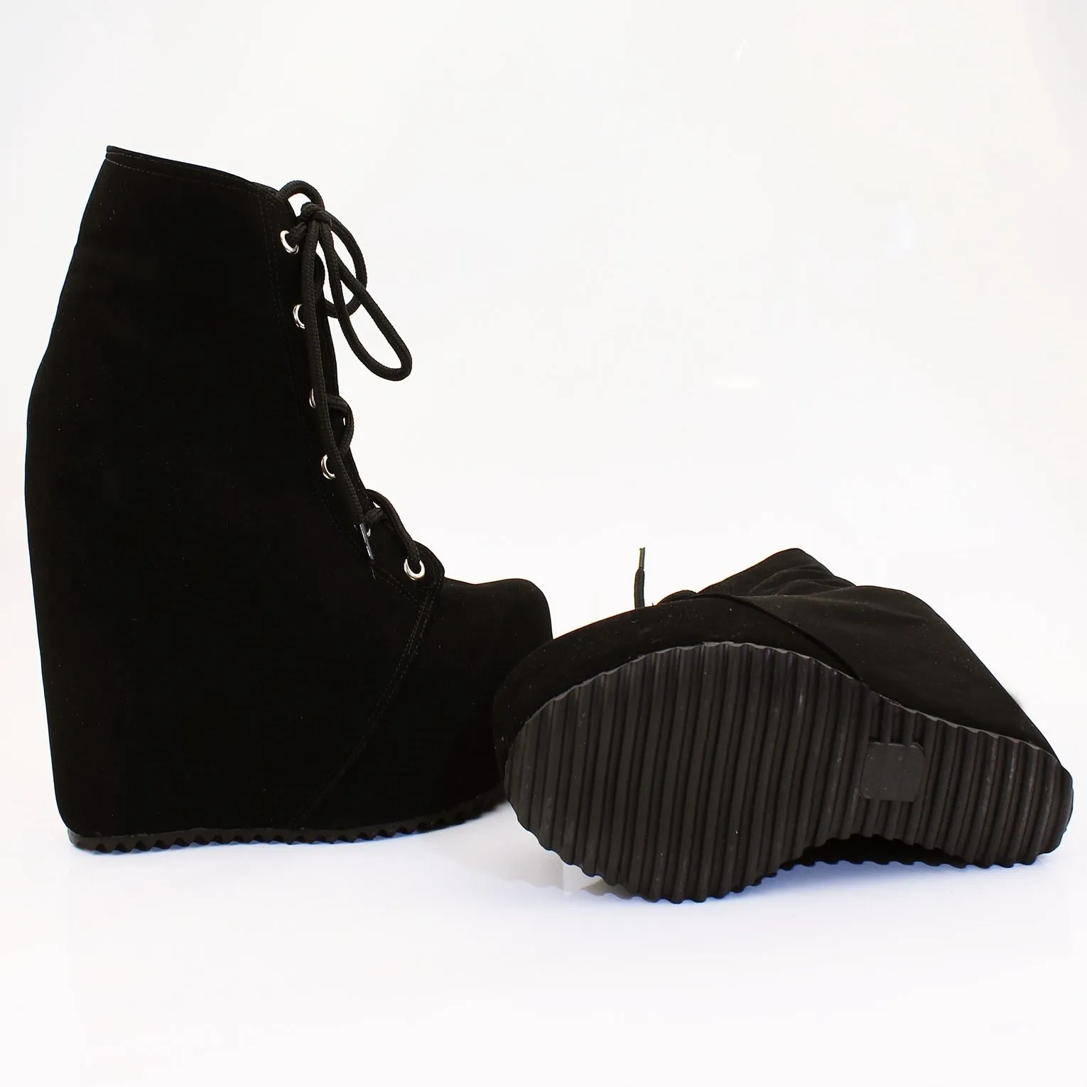 Black Faux Suede Lace Up Platform Wegdes