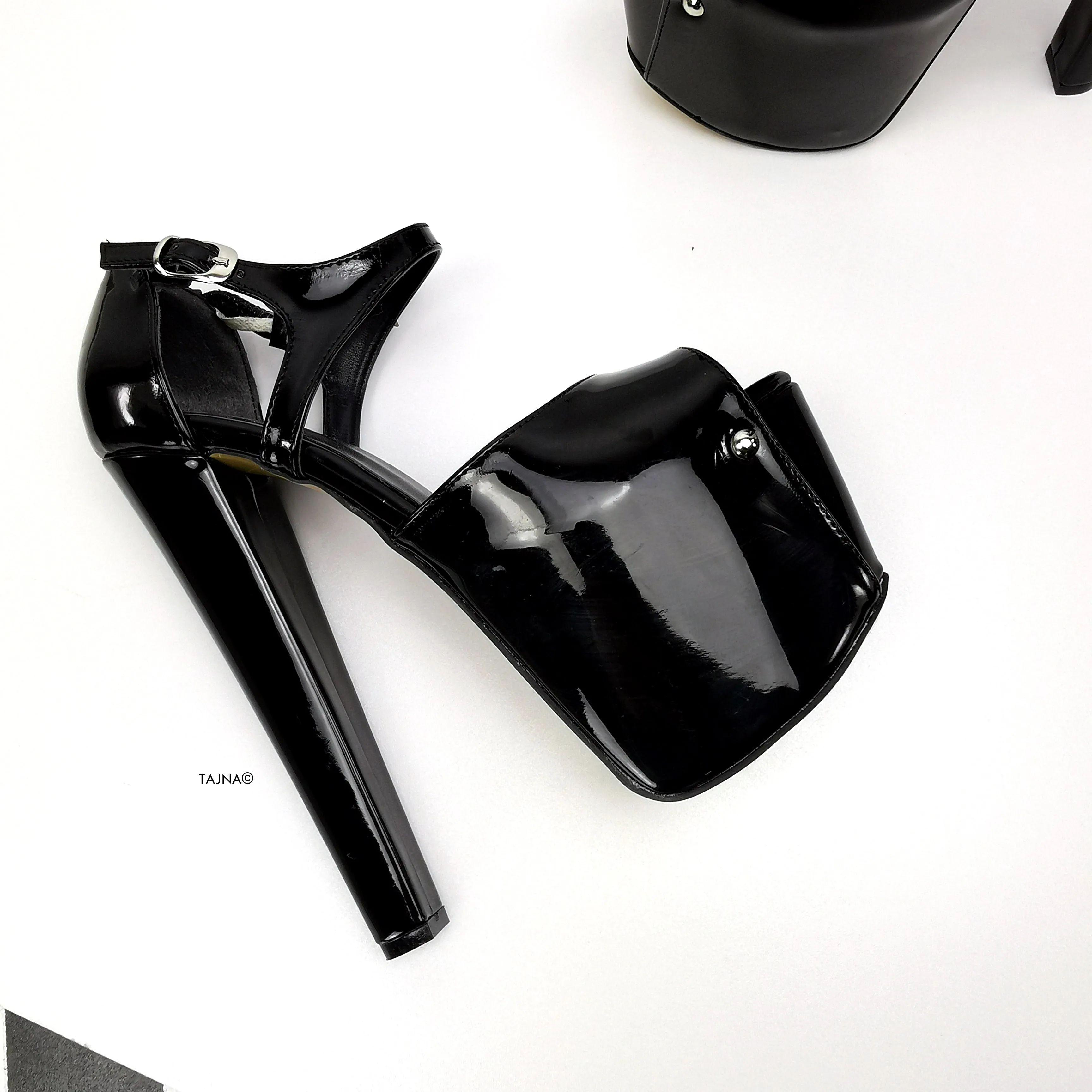 Black Gloss Ankle Strap Peep Toe Heels