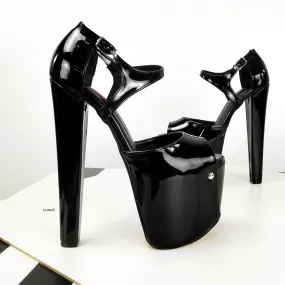 Black Gloss Ankle Strap Peep Toe Heels