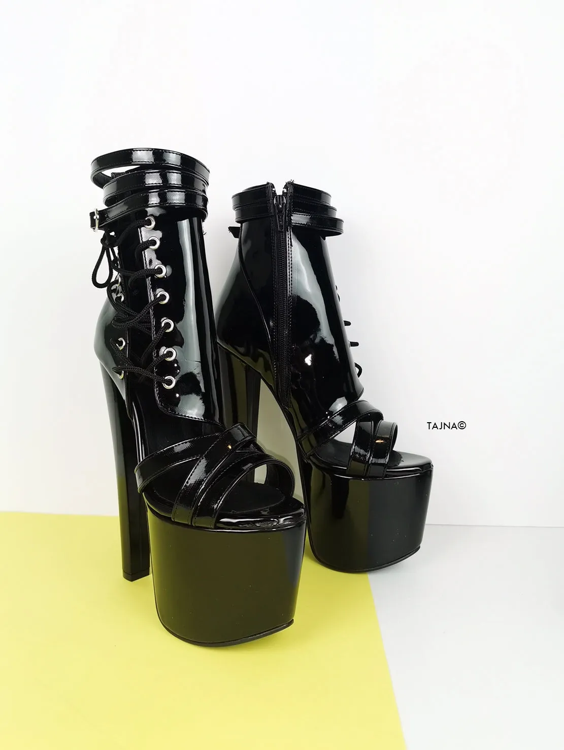 Black Gloss Side Lace Detailed  Corset Heels