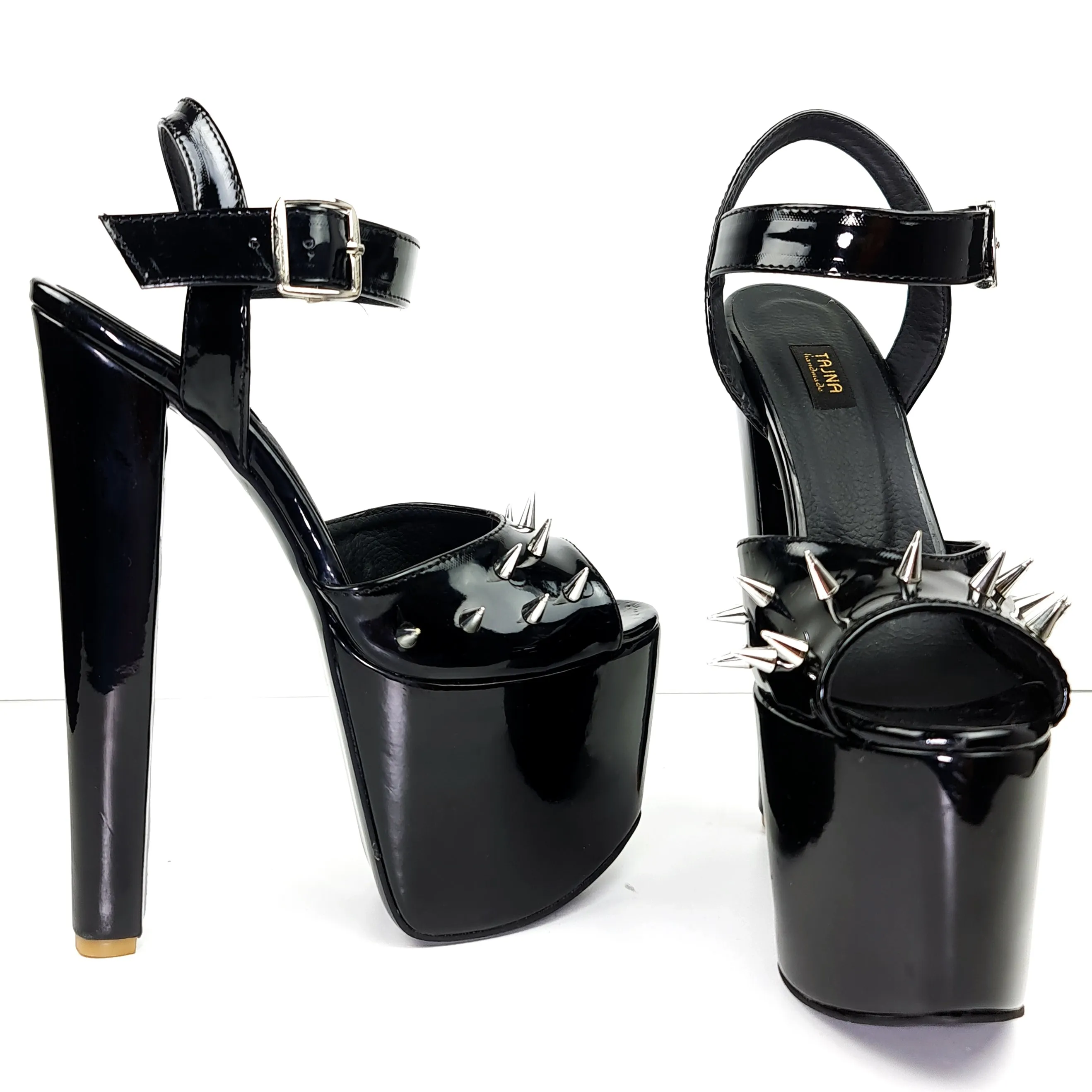 Black Gloss Spike Strap Chunky High Heel Sandals