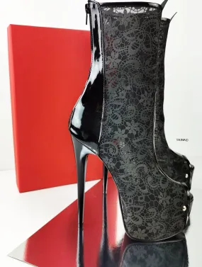 Black Lace Mid-Calf Heeled Boots