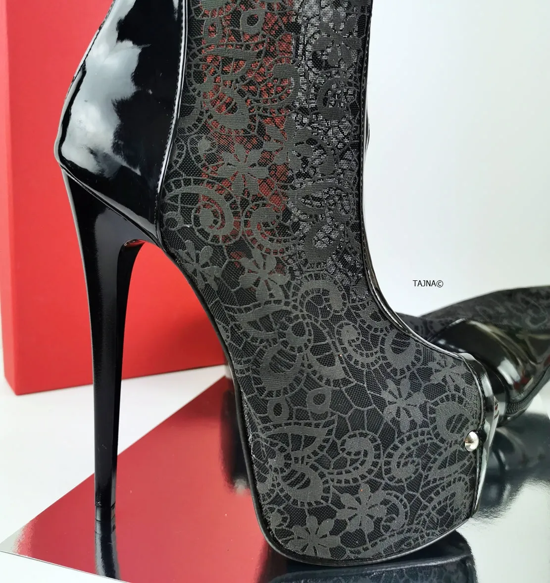 Black Lace Mid-Calf Heeled Boots