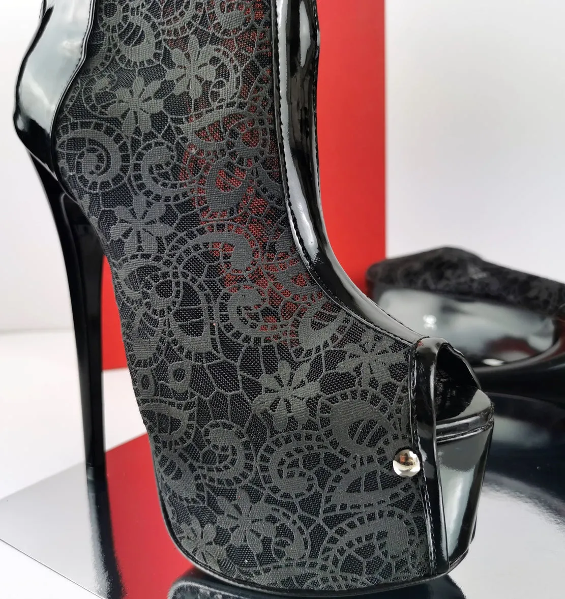 Black Lace Mid-Calf Heeled Boots