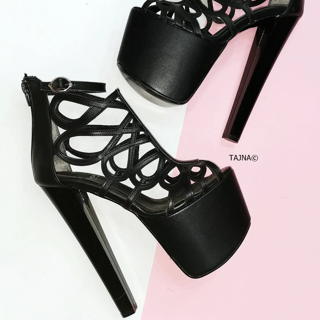 Black Laser Cage Platform Heels