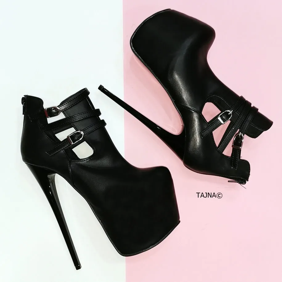 Black Matte Belted Ankle Platform Boots