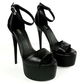 Black Matte Leather Sandal Heels