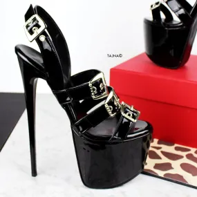 Black Patent Belted High Heel Sandals