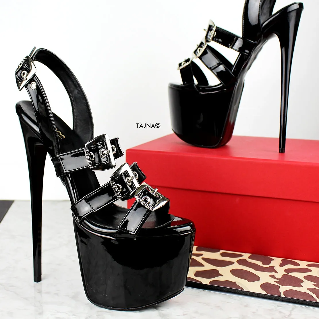 Black Patent Belted High Heel Sandals