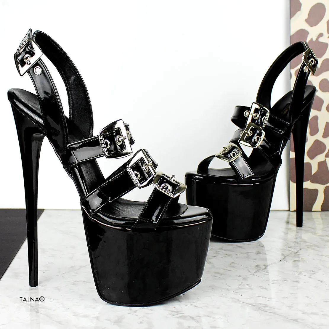 Black Patent Belted High Heel Sandals