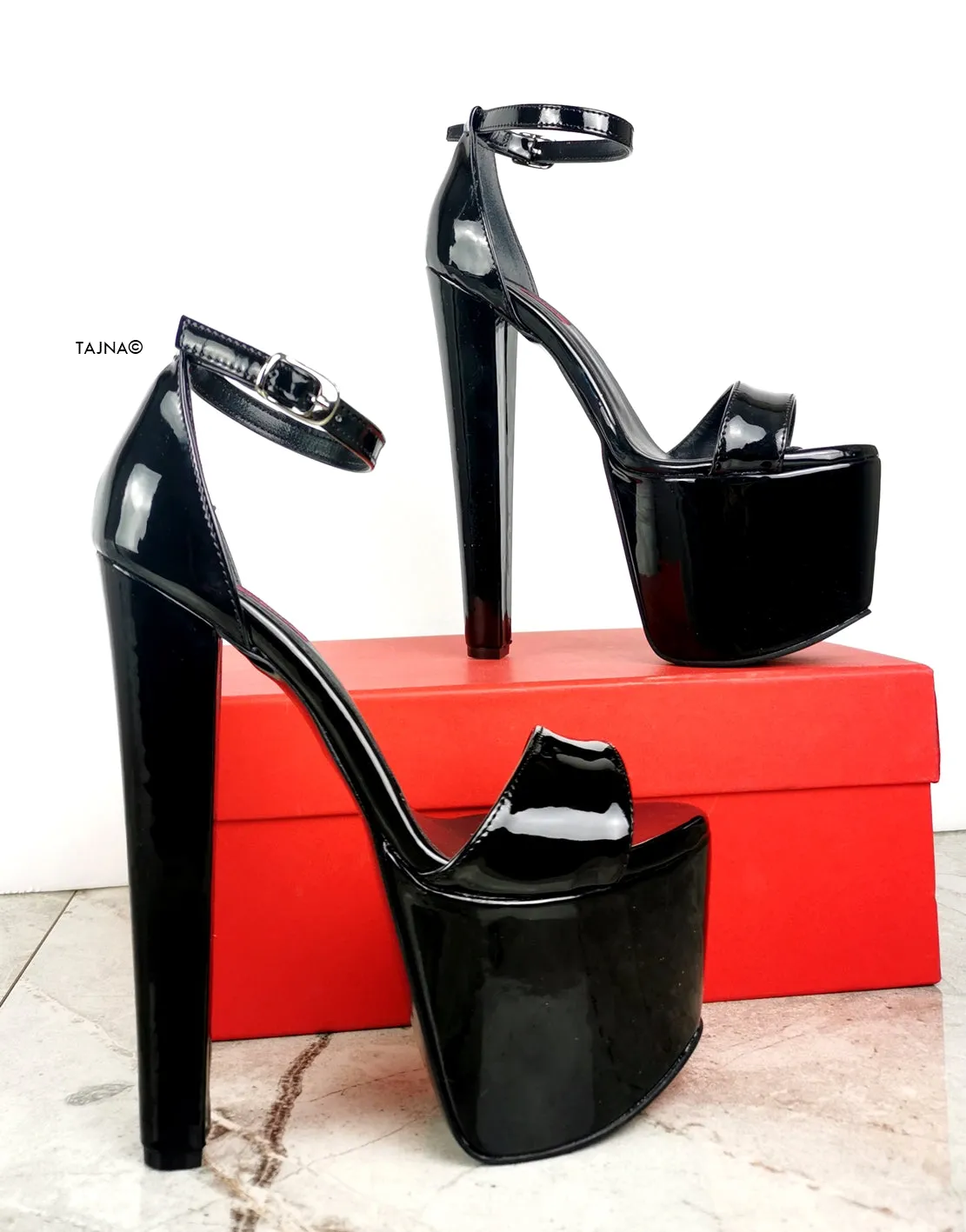 Black Patent Chunky High Heel Sandals