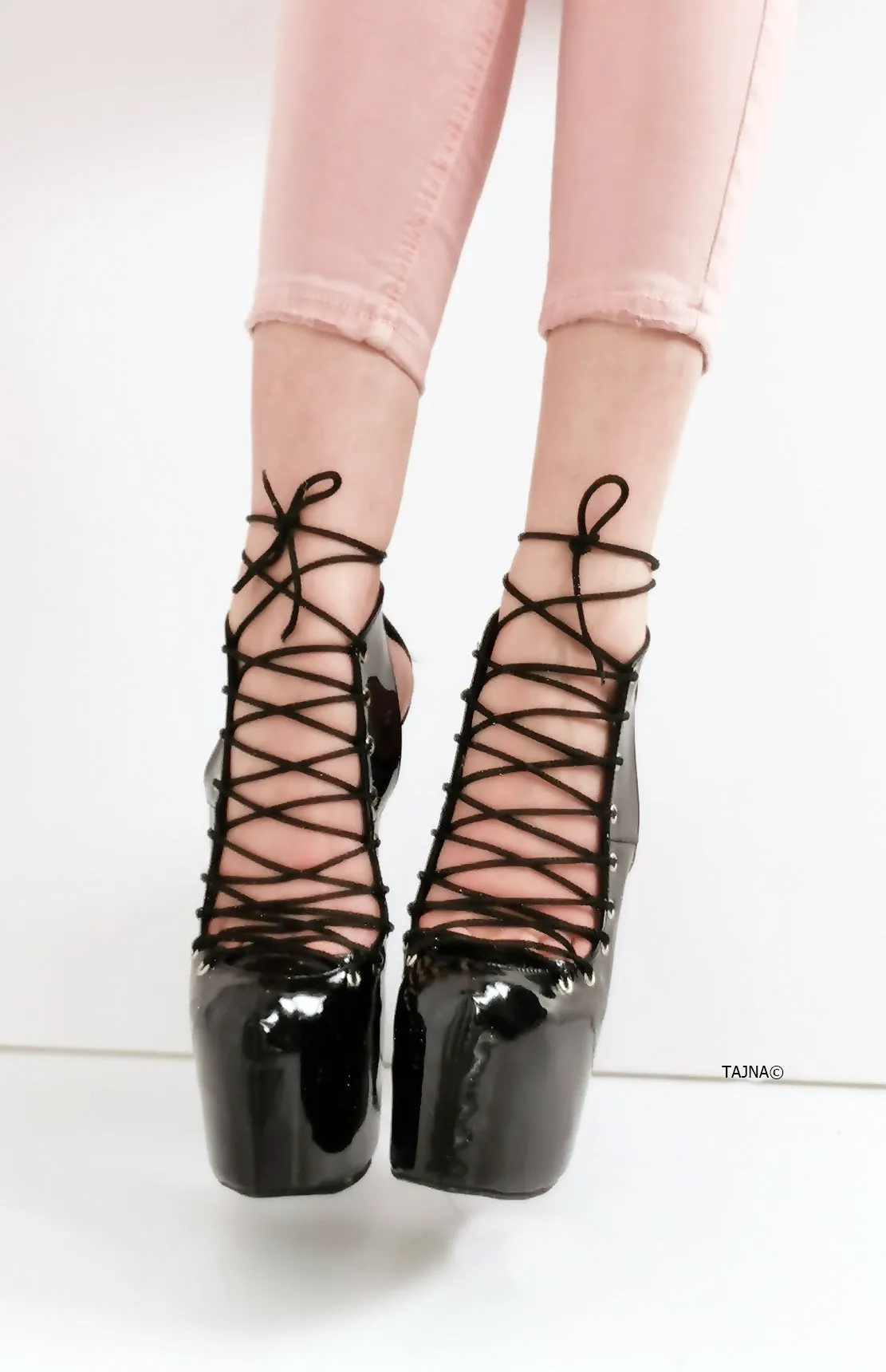 Black Patent Designer Lace Heels