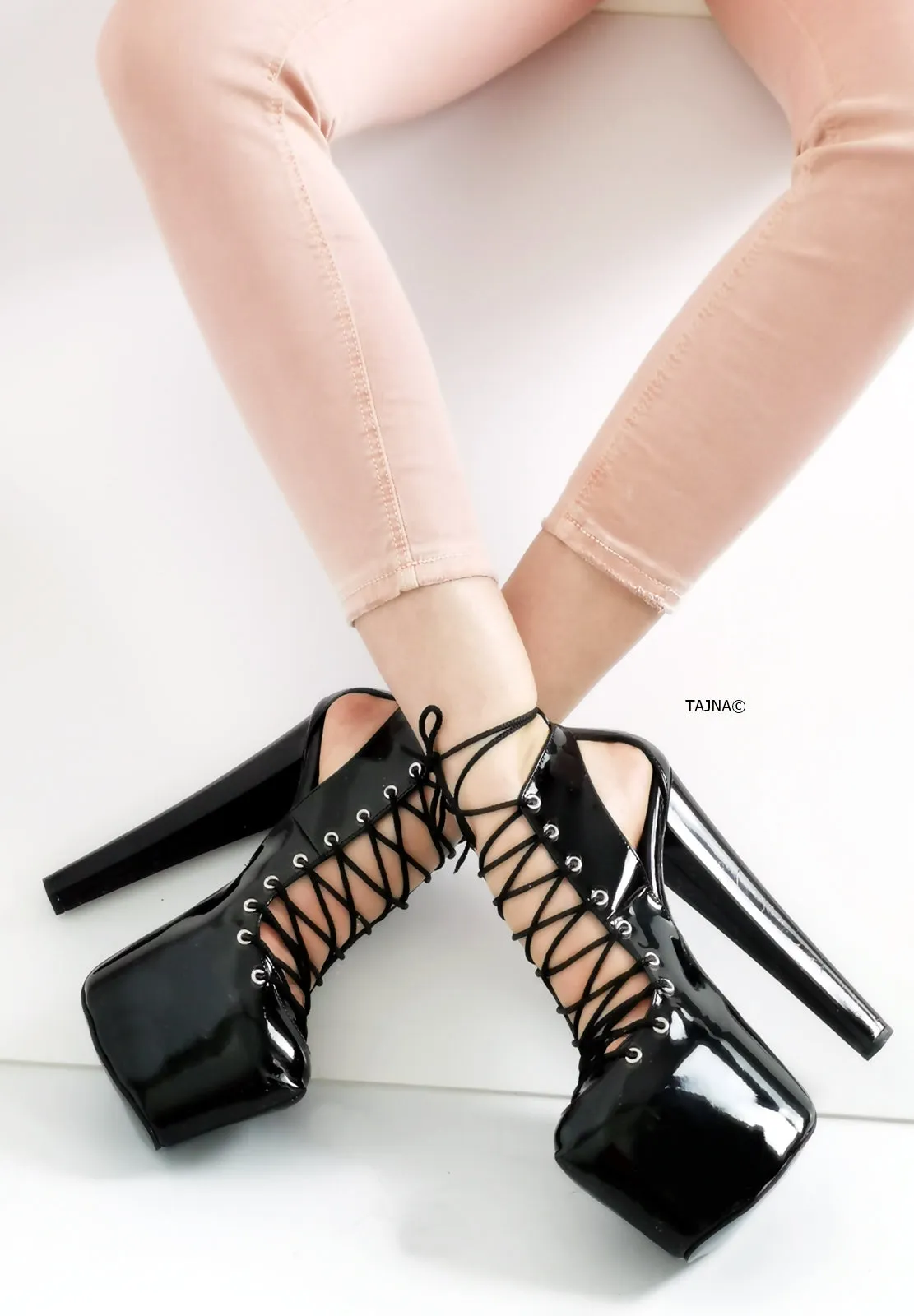 Black Patent Designer Lace Heels