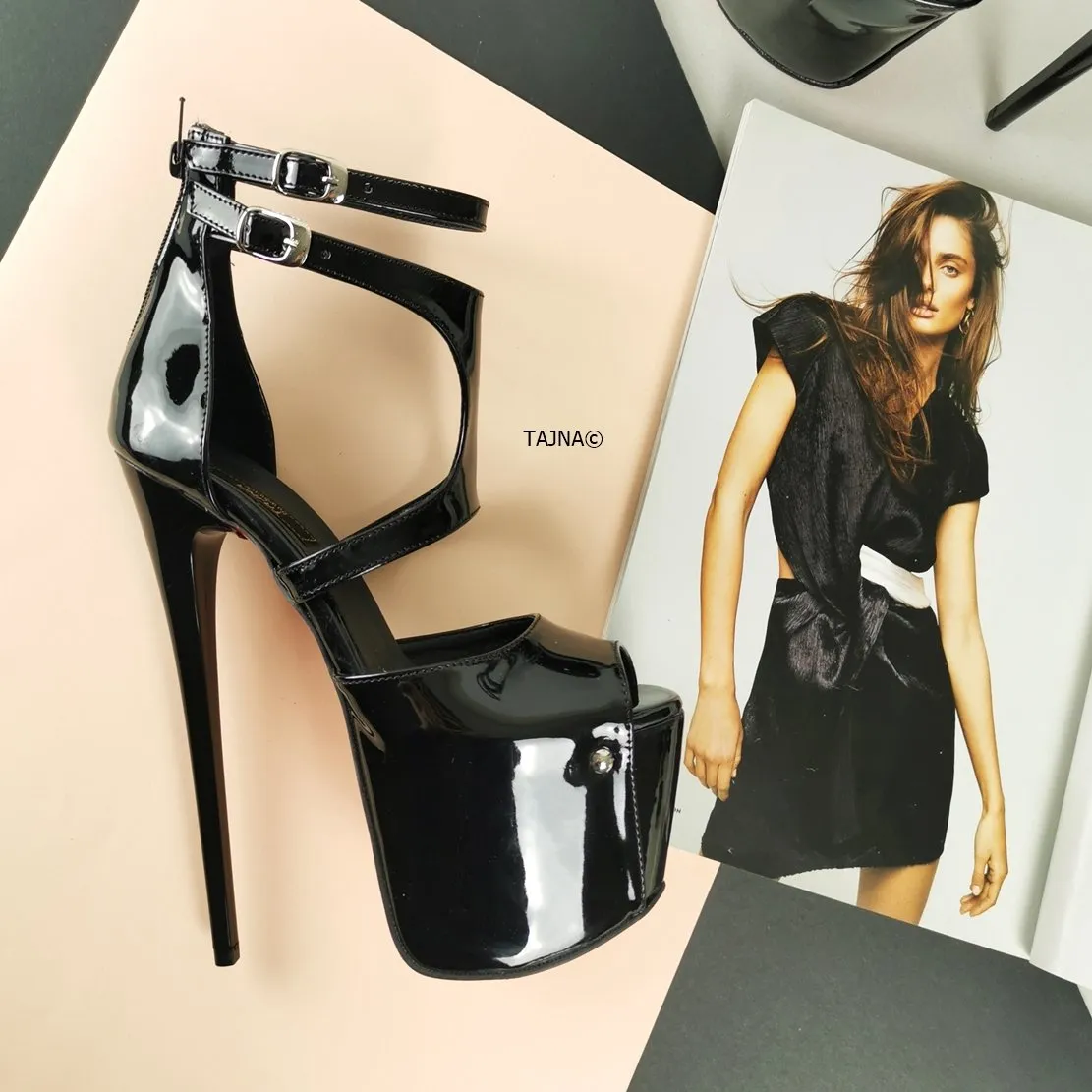 Black Patent Double Belted Ankle Heels