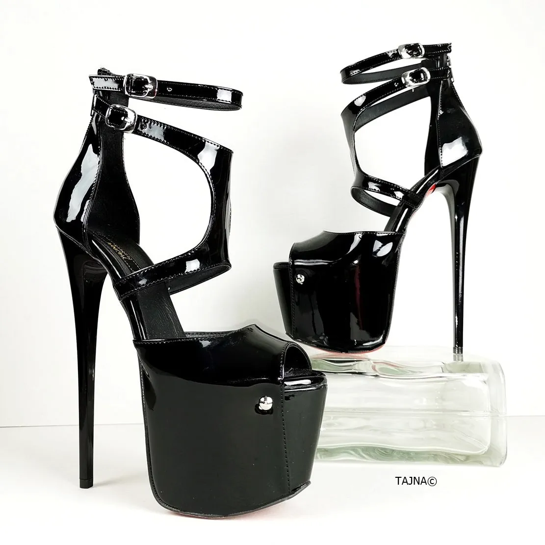 Black Patent Double Belted Ankle Heels