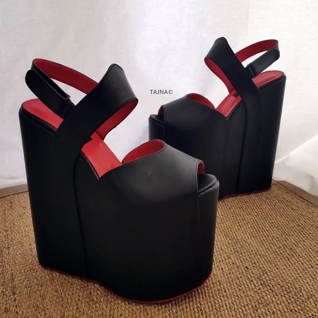 Black Red Extra Heel Wedge Sandals